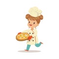 Cute little girl running with a freshly cooked pizza vector Illustration Royalty Free Stock Photo