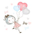 A cute little girl runs after balloons in the form of a heart. Vector Royalty Free Stock Photo