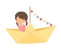 Cute Little Girl Sailing on an Yellow Paper Boat with Colorful Flags Vector Illustration