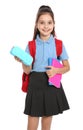 Cute little girl in school  with backpack and stationery on white background Royalty Free Stock Photo