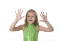 Cute little girl showing hands in body parts learning school chart serie