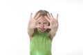 Cute little girl showing hands in body parts learning school chart serie Royalty Free Stock Photo