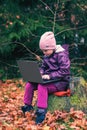 A cute little girl sits on an old stump in the middle of the forest and uses a laptop for online learning or playing games Royalty Free Stock Photo