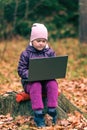 A cute little girl sits on an old stump in the middle of the forest and uses a laptop for online learning or playing games Royalty Free Stock Photo