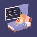 Cute Little Girl Sitting in the Bed in Front of the Window and Reading a Book at Night Vector Illustration Royalty Free Stock Photo