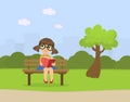 Cute Little Girl Sitting on Bench in Park and Reading Book Vector Illustration Royalty Free Stock Photo