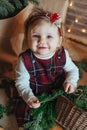 Cute little girl is sitting by the Christmas tree on the floor in the room. Near the baby is a gingerbread house and a basket with