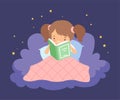 Cute Little Girl Sitting on a Cloud under the Blanket and Reading a Book Vector Illustration