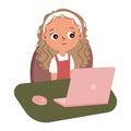 Cute little girl sitting at desk looking at laptop Cartoon illustration Flat style Royalty Free Stock Photo