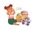 Cute little girl sitting on floor and crying. Verb expressing action, children education concept cartoon vector