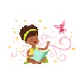 Cute little girl sitting on floor with magic book and waving by hand to imaginary pink fairy. Cartoon kid character