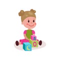 Cute little girl sitting on the floor playing with block toys, kid learning through fun and play colorful cartoon vector