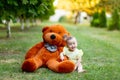 Cute little girl sitting on green grass with big Teddy bear in yellow summer dress in summer Royalty Free Stock Photo