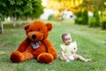 Cute little girl sitting on green grass with big Teddy bear in yellow summer dress in summer, a place for text Royalty Free Stock Photo