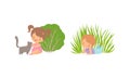 Cute Little Girl Sitting Near Bush with Cat and Boy Lying in Tall Green Meadow Grass Vector Set Royalty Free Stock Photo