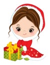 Cute Little Girl Holding Christmas Gift Box. Vector Christmas Cute Girl with Gift Box Royalty Free Stock Photo