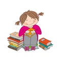 Cute little girl sitting on the pile of books, enjoying reading Royalty Free Stock Photo