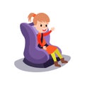 Cute little girl sitting on a purple car seat wearing seat belt, safe child traveling cartoon vector illustration