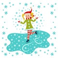 Cute little girl skates on ice outdoors, snow is falling. Cartoon character. Winter sport. Flat design. Vector illustration.