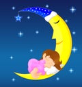 Cute little girl sleeping on moon Royalty Free Stock Photo