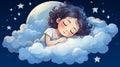 A cute little girl is sleeping in the sky on clouds. Her face is calm and peaceful. She has beautiful dreams.