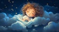 A cute little girl is sleeping in the sky on clouds. Her face is calm and peaceful. She has beautiful dreams.