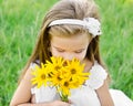 Cute little girl smelling flowers on the meadow Royalty Free Stock Photo