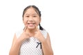 Cute little girl is smiling cheerful showing and pointing with fingers teeth and mouth