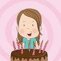 Cute little girl smiling happily, celebrating birthday, b-day chocolate cake with seven candles in front of her