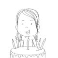 Cute little girl smiling happily, celebrating birthday, b-day chocolate cake with seven candles in front of her
