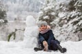 Cute little girl with snowman in winter Park Royalty Free Stock Photo