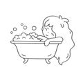 Cute little girl splashing in the bathroom. Cartoon character for emoji, sticker, pin, patch, badge.