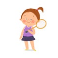 Cute little girl standing with badminton racket. Children activities. Cartoon vector hand drawn eps 10 illustration