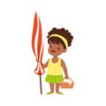 Cute little girl standing with beach umbrella and basket, kid playing at the beach, happy infants outdoor activity on