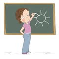 Cute little girl standing in front of the blackboard, drawing sun with chalk, smiling happily Royalty Free Stock Photo