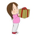 Cute little girl standing and holding big wrapped gift box decorated with red ribbon bow, looking surprised and excited Royalty Free Stock Photo