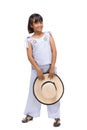 Cute little girl standing in swimming wear and hat on white background Royalty Free Stock Photo