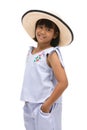 Cute little girl standing in swimming wear and hat on white background Royalty Free Stock Photo