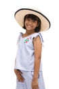 Cute little girl standing in swimming wear and hat on white background Royalty Free Stock Photo