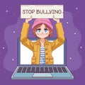 cute little girl with stop bullying banner in laptop comic manga character Royalty Free Stock Photo