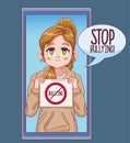cute little girl with stop bullying banner in smartphone comic manga character Royalty Free Stock Photo