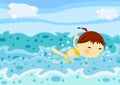 Cute little girl swimming among the sea waves