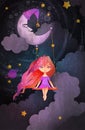 Cute little girl swinging on a crescent in front of night sky. Insomnia concept. Royalty Free Stock Photo