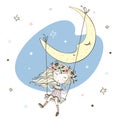 Cute little girl swinging on a swing on the moon. Vector