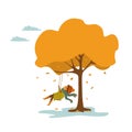 Cute little girl swings on a tree in the park isolated vector illustration