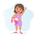 Cute Little girl in a t-shirt and shorts with the ball. Vector illustration in cartoon flat style Royalty Free Stock Photo