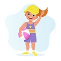 Cute Little girl in a t-shirt and shorts with the ball. Vector illustration in cartoon flat style Royalty Free Stock Photo