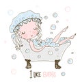 Cute little girl takes a bubble bath. Vector.