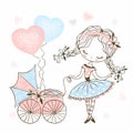 Cute little girl with a toy baby stroller with baby. Vector