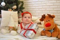 Cute little girl and toy deer under the Christmas tree. Baby holding a gift in her hands Royalty Free Stock Photo